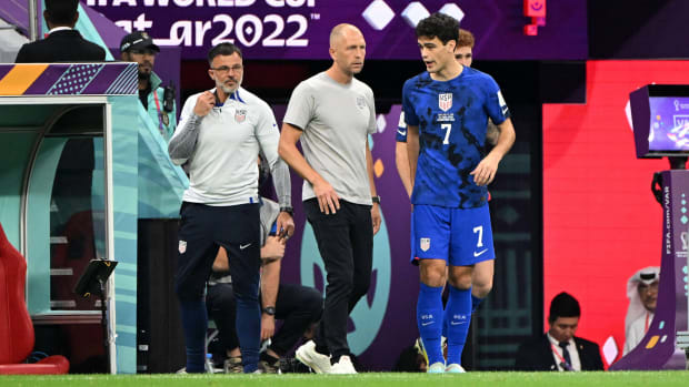 Anthony Hudson, Gregg Berhalter and Claudio Reyna during a U.S. match.